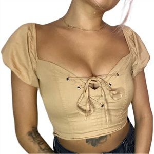 Lace up cropped shirt with puffy sleeves